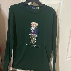 Polo long sleeve tshirt, dark green w/bear logo